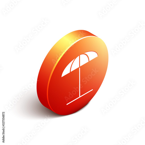 Isometric Sun protective umbrella for beach icon isolated on white background. Large parasol for outdoor space. Beach umbrella. Orange circle button. Vector Illustration