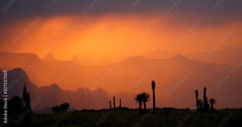 Dramatic sky sunset at Simien mountains national park in Ethiopia (highlands)