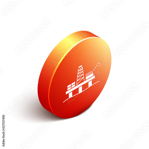 Isometric Oil platform in the sea icon isolated on white background. Drilling rig at sea. Oil platform, gas fuel, industry offshore. Orange circle button. Vector Illustration
