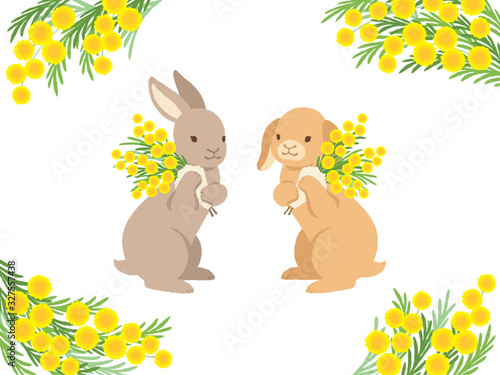 ミモザの花束を持ったウサギのイラストと角フレームセット