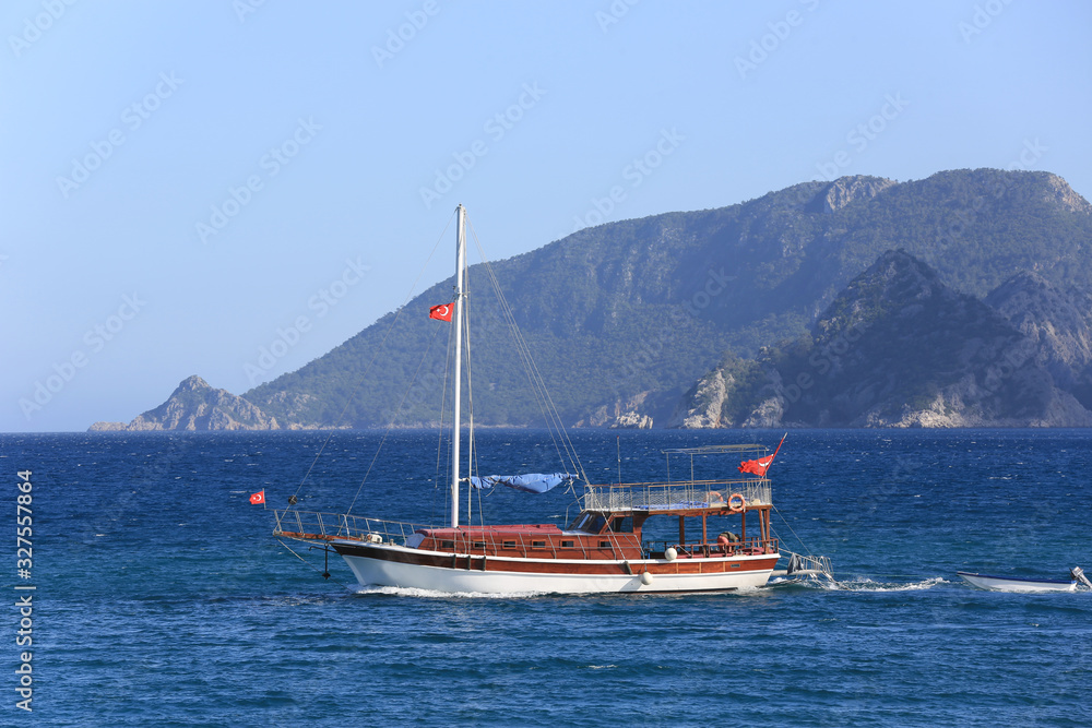 boat with Turkish flags on sea boat with Turkish flags on sea