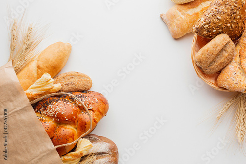 Photo Paper bag with bread and basket of pastry
