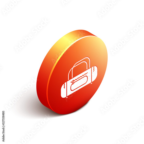 Isometric Sport bag icon isolated on white background. Orange circle button. Vector Illustration