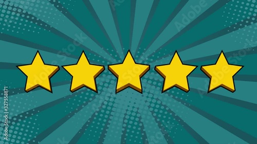 Giving rating stars. Pop art retto comic style animation. Ranking business with fave golden stars. Tick star. Having feedback, reputation and quality