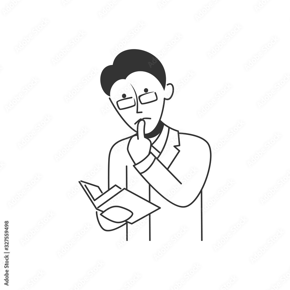 Man holding book in line art. Vector Illustration.