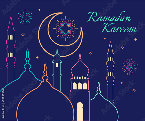 Linear art of Arabic geometric art. Islamic mosque and crescent moon. Ramadan Kareem - Glorious month of Muslim year.