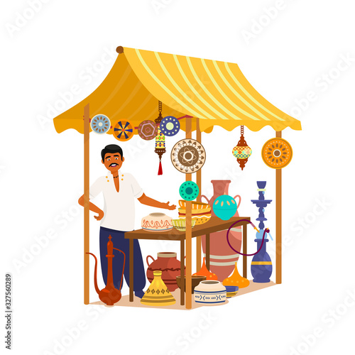 Asian man standing near street shop offering traditional goods and crafts. Ceramics shop. Street bazaar. Cartoon vector illustration. Isolated on white.