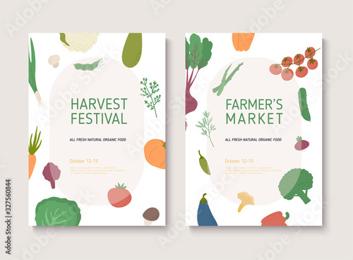 Harvest festival or farmers market flyer. Poster templates with organic vegetables.