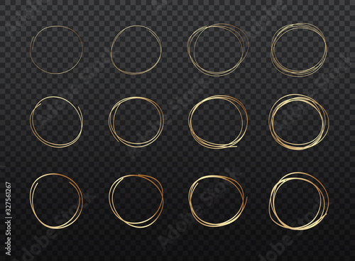 Hand drawn circle line sketch set in gold.  Doodle sketched circles.  Vector abstract ellipsses for design use.