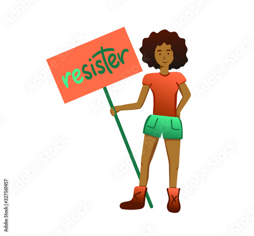 Black girl with poster "resister". Concept for prints, t-shirts, cards - happy woman with banner. Women movement or protest. Vector stock illustration isolated on white background. 