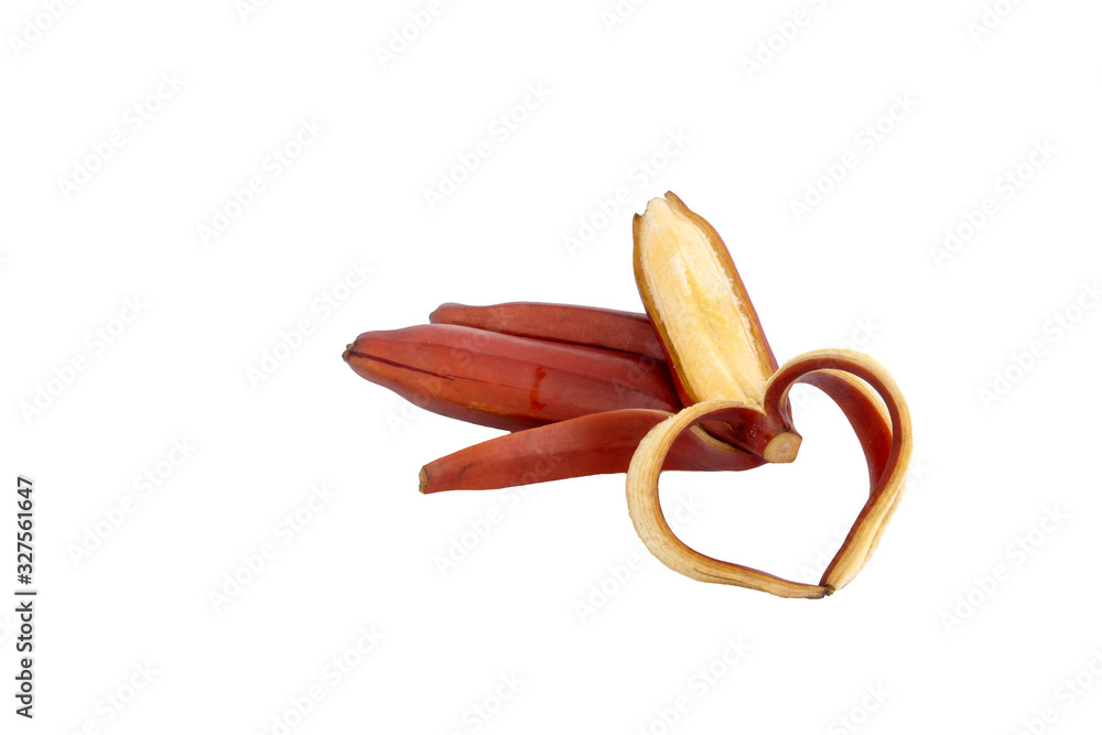 fresh red banana isolated on white background. group of varieties of