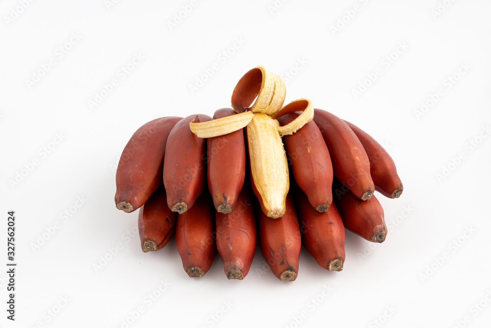 fresh red banana isolated on white background. group of varieties of