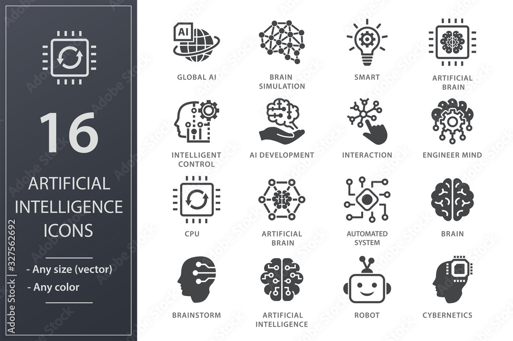 Artificial intelligence icon set. Illustrations isolated on white.