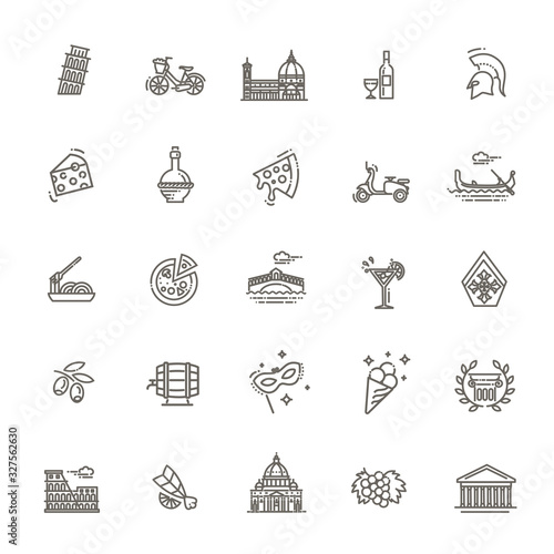 Italy icons set. Tourism and attractions, thin line design. Symbols of the country