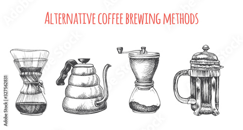 Illustration with an alternative way of brewing coffee. Alternative coffee brewing methods sketch.