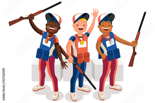 Crowd of persons celebrate summer games athletics medal. Sportive people celebrating shooting team. Shooter athlete symbol on victory celebration. Sports cartoon symbolic flat vector illustration.