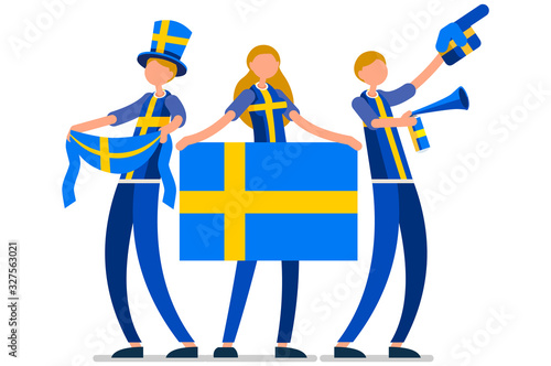 Crowd of persons celebrate national day of Sweden with a flag. Swedish people celebrating a football team. Soccer symbol and victory celebration. Sports cartoon symbolic flat vector illustration