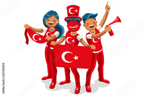 Crowd of persons celebrate national day of Turkey with a flag. Turkish people celebrating a football team. Soccer symbol and victory celebration. Sports cartoon symbolic flat vector illustration