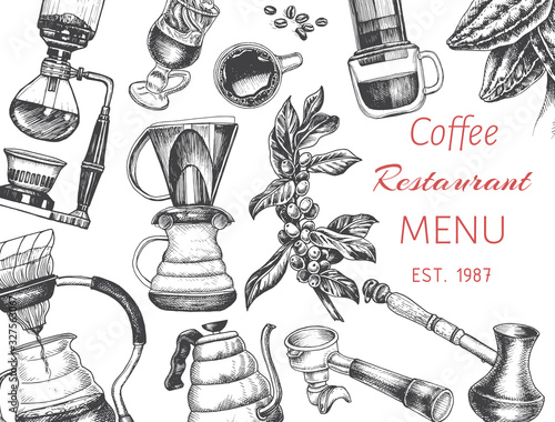 Illustration with an alternative way of brewing coffee. Alternative coffee brewing methods sketch.