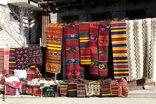 Colorful rugs in the Rhodope village of Shiroka Luka, Bulgaria