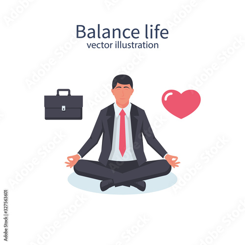 Balance life and work. Businessman sitting meditate and chooses between business love and home. Heart and briefcase. Vector illustration flat design. Isolated on white background. Career and lifestyle