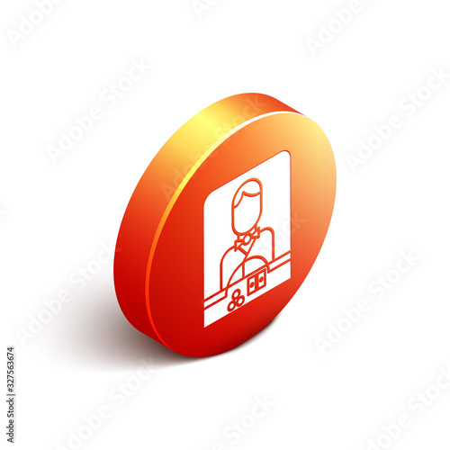 Isometric Casino dealer icon isolated on white background. Casino croupier. Orange circle button. Vector Illustration