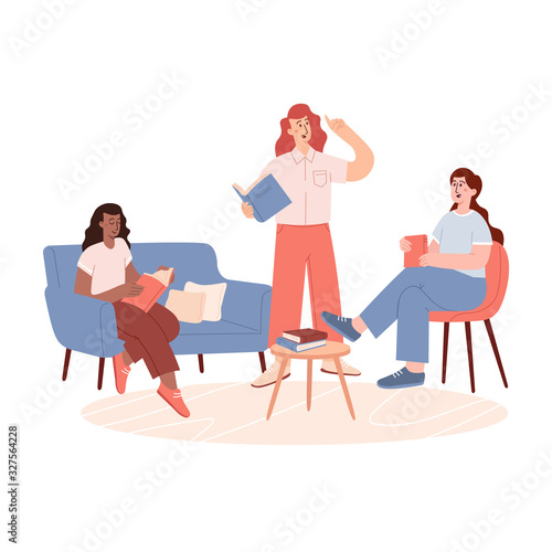 Books lover club vector template with different young woman reading books.