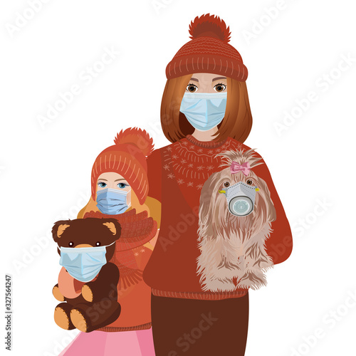 Woman with child wearing masks to prevent epidemic MERS-CoV wuhan coronavirus 2019-nCoV pandemic medical health risk portrait. Vector illustration.
