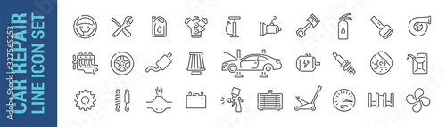 Car repair vector isolated line icon set. Mechanic tools & car parts