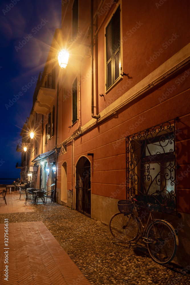 Night view of Laigueglia narrow street, Italian Riviera