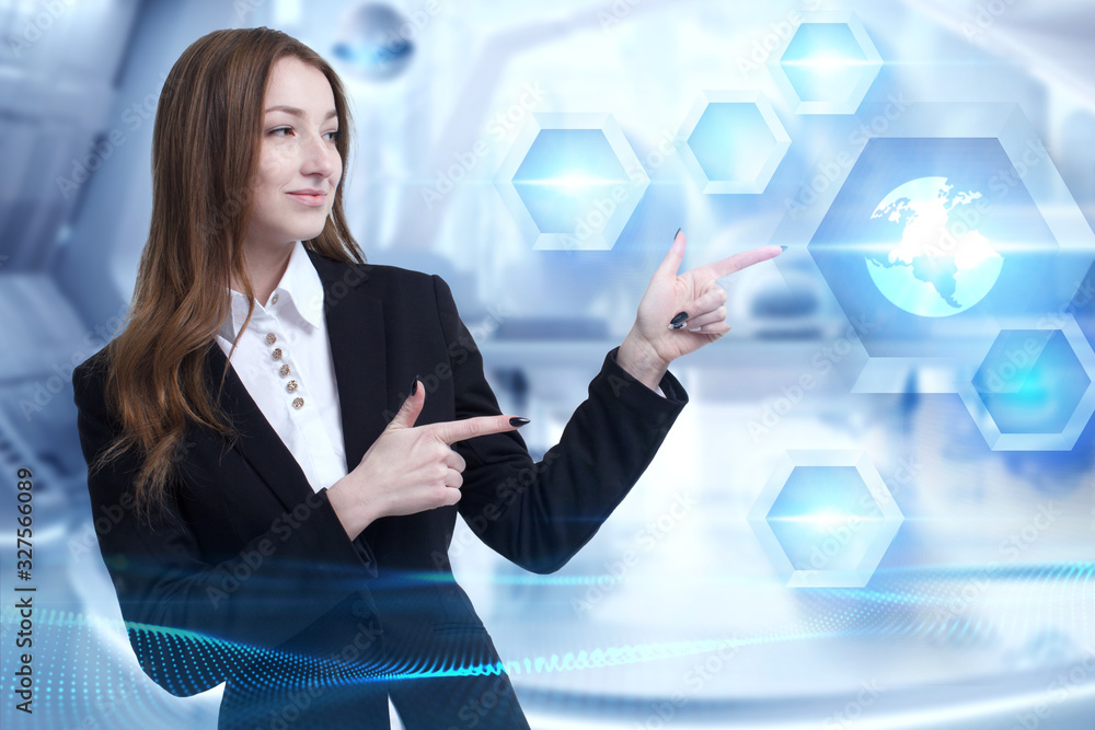 Business, Technology, Internet and network concept. Young businessman working on a virtual screen of the future and sees the inscription: Business, Technology, Internet and network concept. Young businessman working on a virtual screen of the future and sees the inscription: