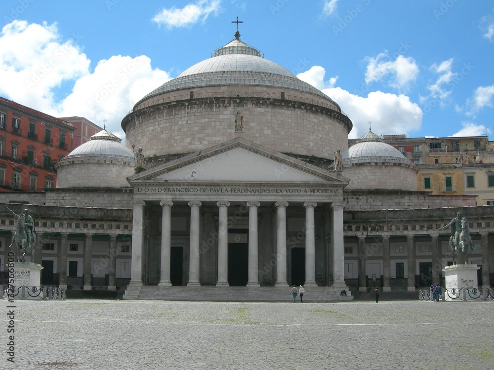 Naples –  Basilica of San Francisco de Paola with facade fronted by a portico resting on columns and Ionic pillars