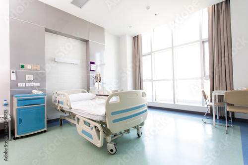 Recovery Room with beds and comfortable medical. Interior of an empty hospital room. Clean and empty room with a bed in the new medical center