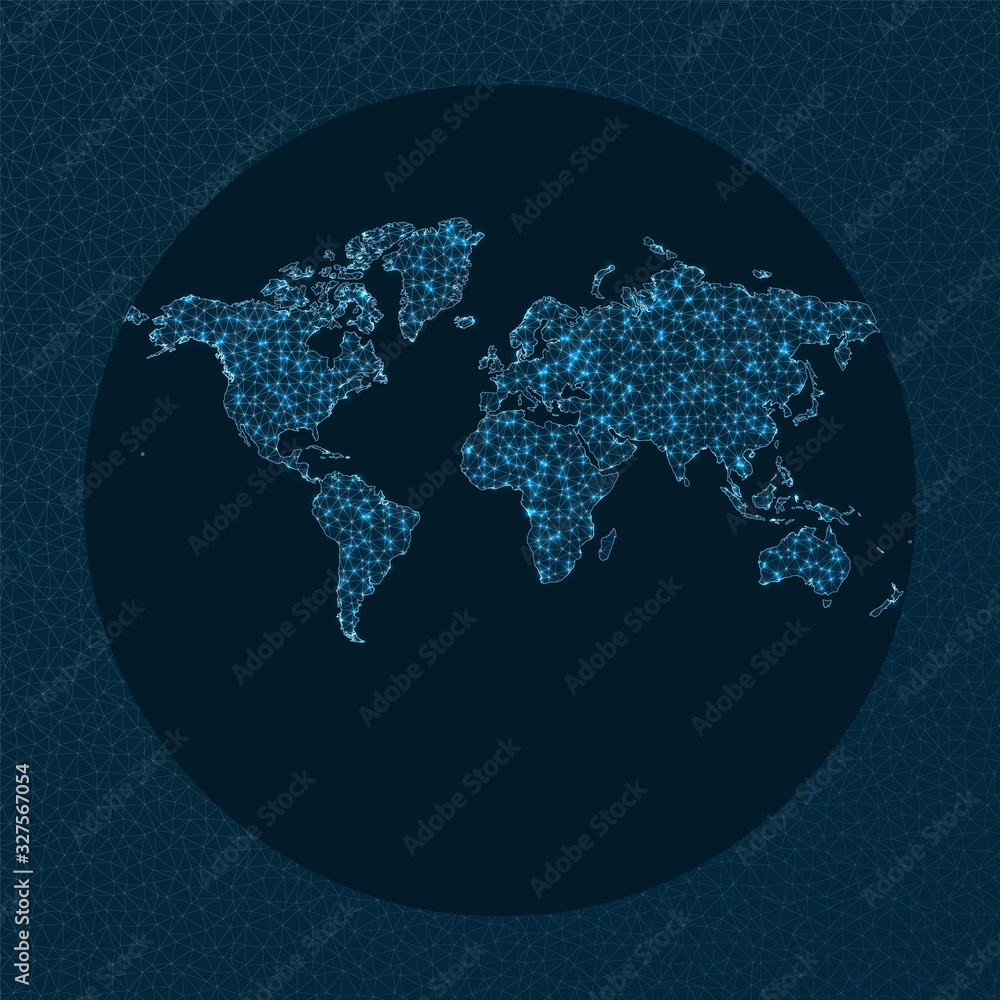Abstract telecommunication world map. Van Der Grinten 3 projection. World Network. Captivating connections map. Vector illustration.