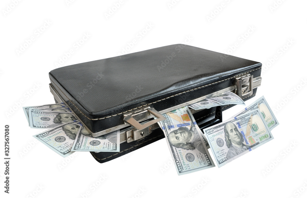 old closed black suitcase full of one hundred dollars banknotes isolated old closed black suitcase full of one hundred dollars banknotes isolated