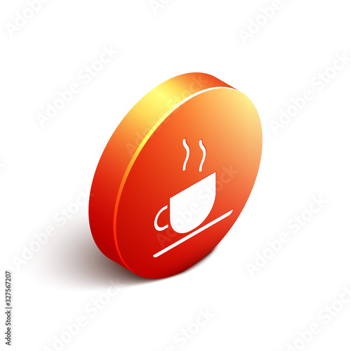 Isometric Coffee cup icon isolated on white background. Tea cup. Hot drink coffee. Orange circle button. Vector Illustration