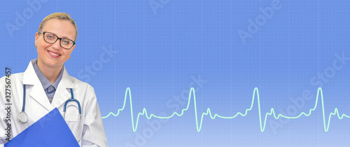 Female doctor with stethoscope and folder on ecg line medical blue background. Doctor against a blue EKG grid background with copy space. Medical web sites with copy space. Health care banner.