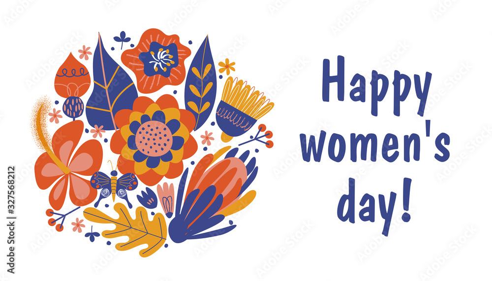 Obraz premium Greeting card, banner for the international women's day on March 8. Bouquets of colorful flowers. Vector illustration on a white background.