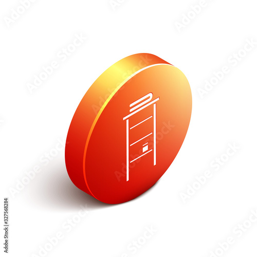 Isometric Bathroom rack with shelves for towels icon isolated on white background. Furniture object for bath room interior. Orange circle button. Vector Illustration