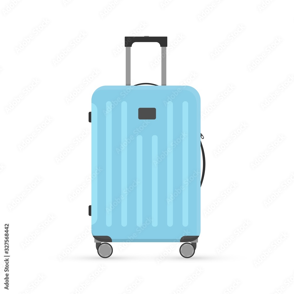 Vector cartoon flat illustration of light blue suitcase isolated on white  background. Luggage travel bag with wheels and shadow. Modern polycarbonate  suitcase for design, flyer, card, icon, clip art. Stock Vector