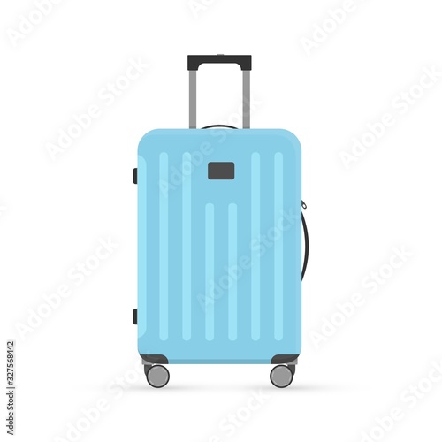 Vector cartoon flat illustration of light blue suitcase isolated on white background. Luggage travel bag with wheels and shadow. Modern polycarbonate suitcase for design, flyer, card, icon, clip art.