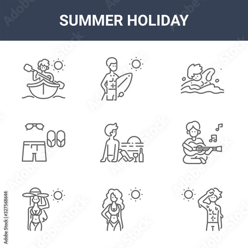 9 summer holiday icons pack. trendy summer holiday icons on white background. thin outline line icons such as sweating, guitar playing, surfer . summer holiday icon set for web and mobile.