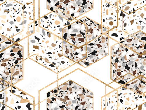 Seamless stone hexagon geometric pattern with gold glitter lines and terrazzo polygons