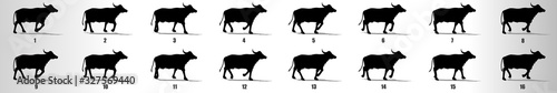 Buffalo cycle animation frames silhouette, loop animation sequence sprite sheet 