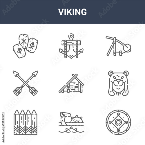 9 viking icons pack. trendy viking icons on white background. thin outline line icons such as shield, viking, anchor . icon set for web and mobile.