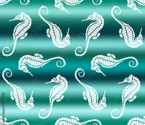 Vector illustration of white seahorse on green gradient sea wave background. Seamless pattern with hand drawn sea dragon
