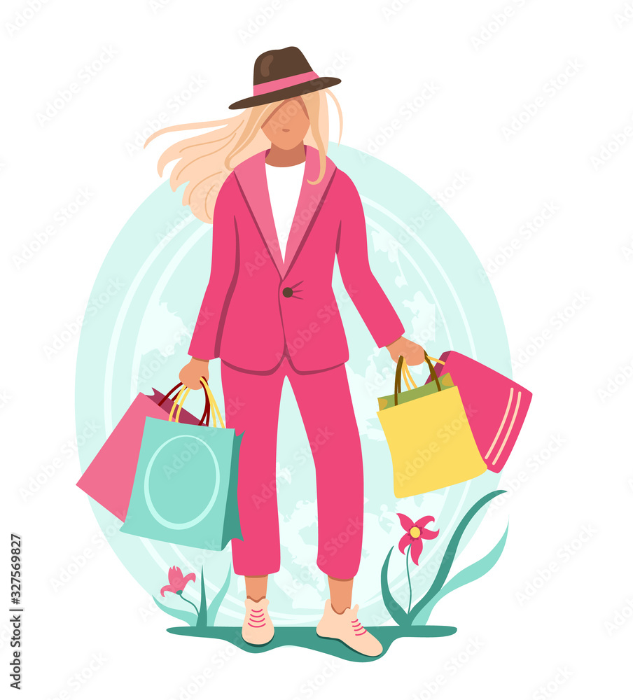 Blonde woman in a pink suit with shopping bags. Isolated vector illustration in flat style Blonde woman in a pink suit with shopping bags. Isolated vector illustration in flat style