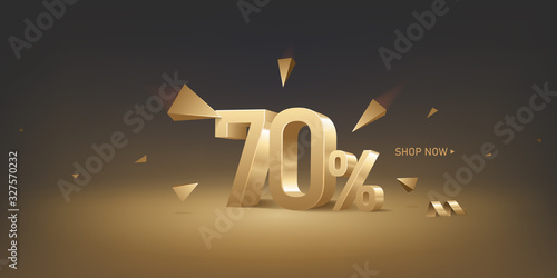 70 percent off discount sale background. 3D golden numbers with percent sign and arrows. Promotion template design.