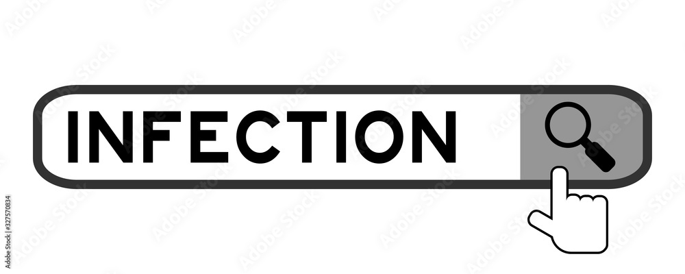 Search box with word infection and hand icon over magnifier on white background Search box with word infection and hand icon over magnifier on white background