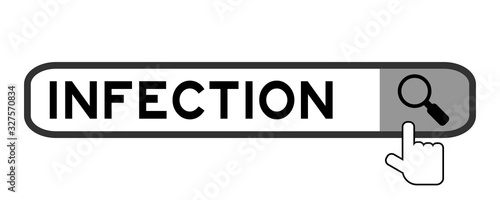 Search box with word infection and hand icon over magnifier on white background